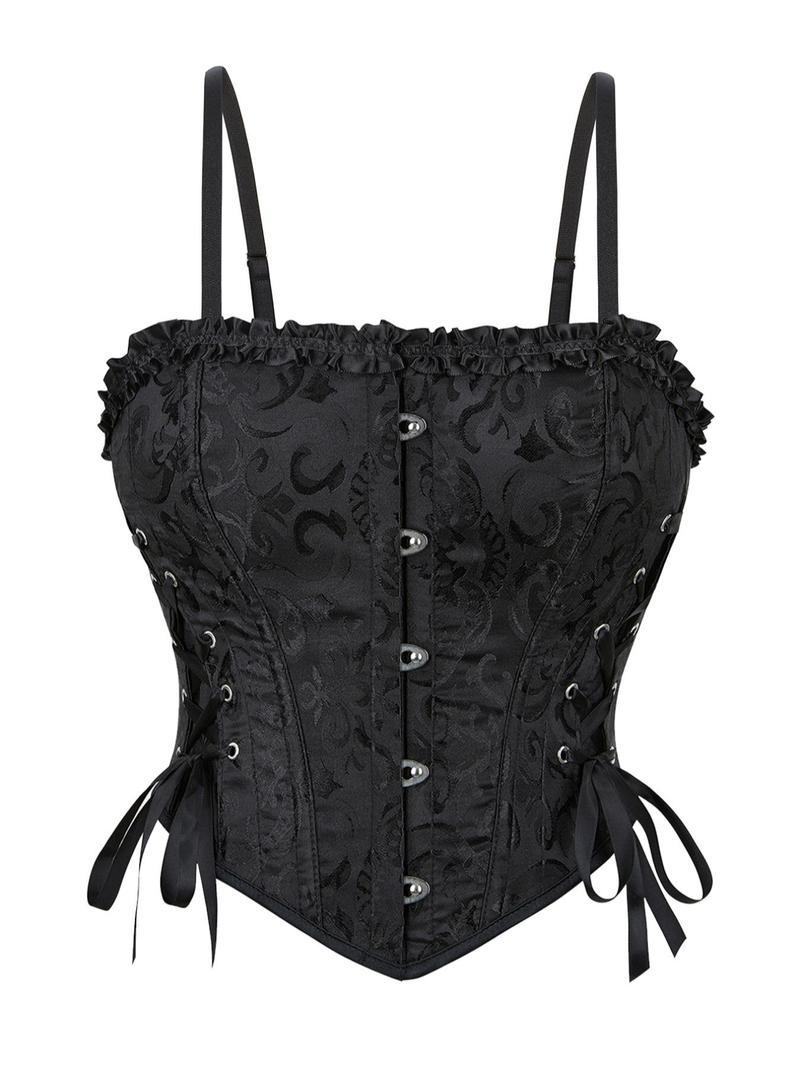 Product Introduction of Women's Jacquard Frill Trim Lace Up Corset Structure Crop Cami Shapewear Top, Elegant Tie Back Button Front Shaper, Fashion Women's Shapewear for All Seasons 6