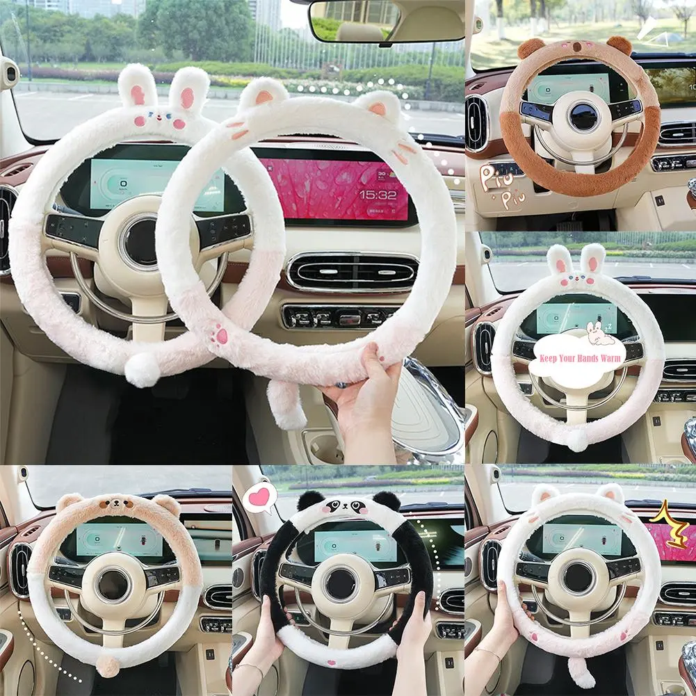 Women's Universal Car Steering Wheel Cover Cute Cartoon Winter Fluffy Steering Wheel Cover Warm Car Steering Wheel Cover