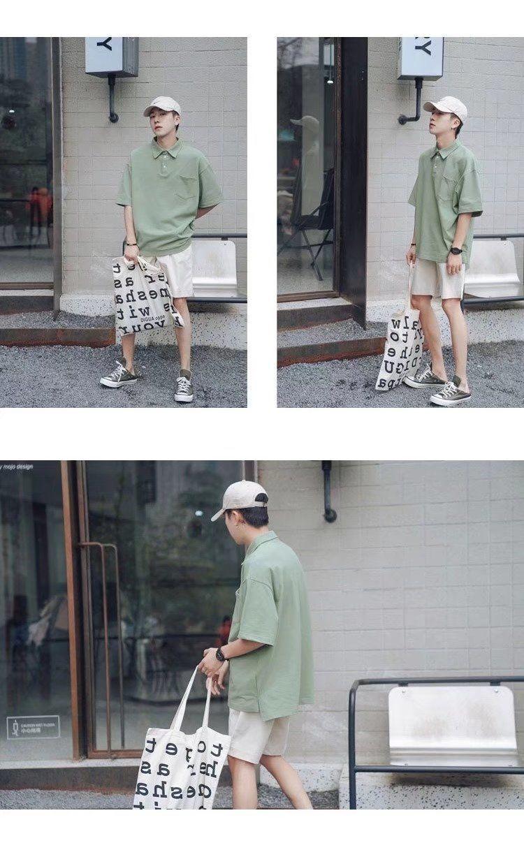 Product Introduction of Green Short Sleeve Polo Shirt for Men Summer Ins Trend Loose Fit Hong Kong Style Versatile Casual Stylish Turn-down Collar Five-point Sleeve T-shirt 13