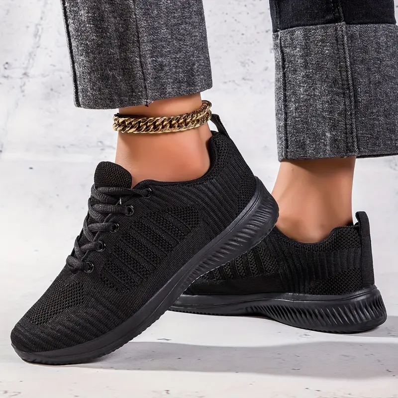 Women's Breathable Running Trainers, Solid Color Lace Up Low Top Sneakers, Casual Lightweight Walking Sports Shoes 2