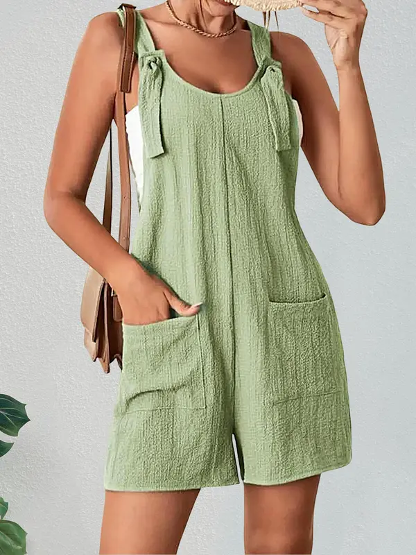Women's Textured Adjustable Straps Pockets Overalls, Casual Solid Sleeveless Romper for Summer Outdoor Vacation Holiday, One Piece Outfit Clothes, Dungarees 0