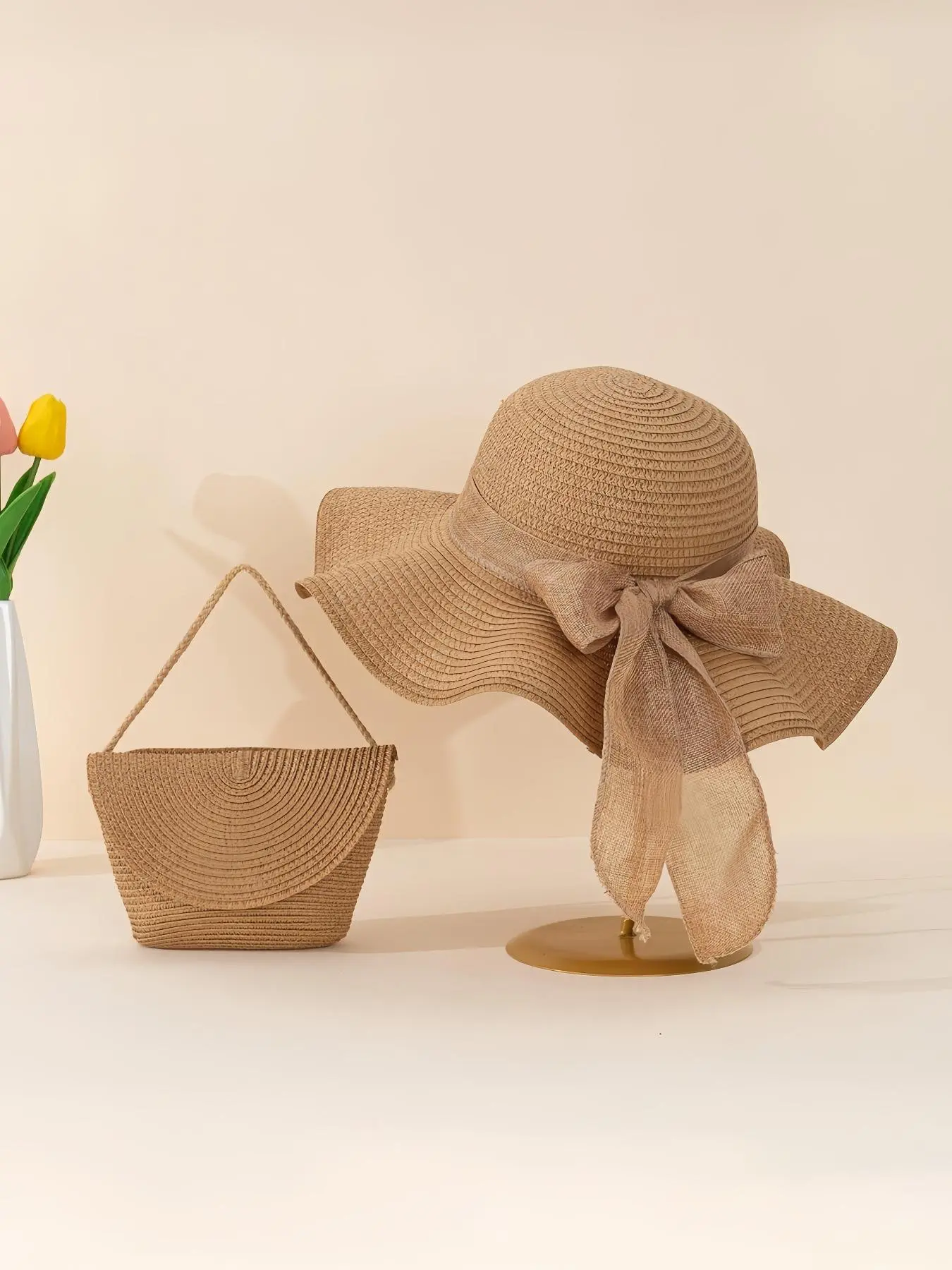 Women's Summer Boho Style Straw Hat & Straw Bag Set, 2pcs Bow Decor Straw Hat & Straw Handbag, Fashion Holiday Accessories Set for Women & Girls