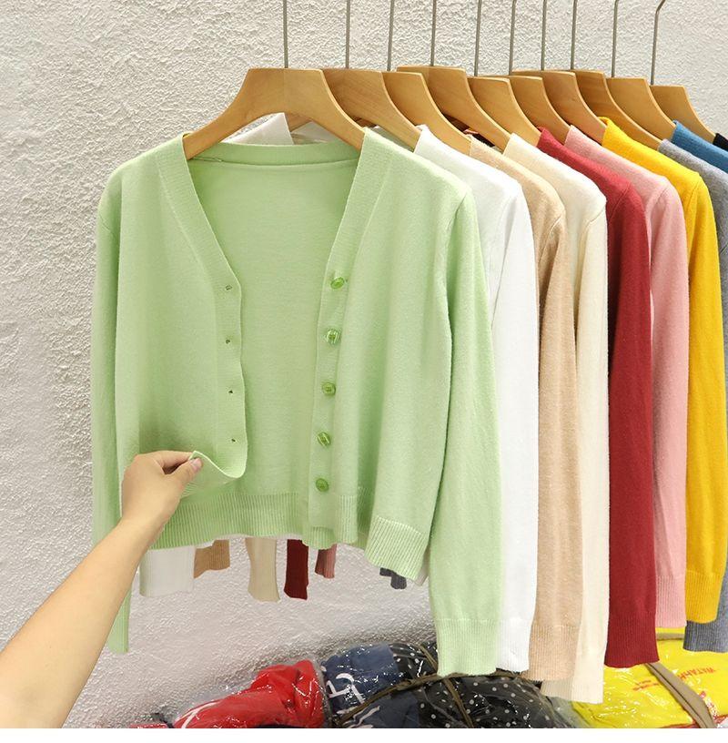 Product Introduction of Áo Khoác Cardigan Dệt Kim, Cổ Chữ V, Ngắn, Dành Cho Nữ, Hàng Mới Về Mùa Thu 2024, Màu Trơn Áo Len Bên Ngoài, Áo Len Dài Tay Women Top 18