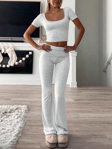 Women's Solid Crop Top & Ruched  Flare Leg Pants Two-piece Set, Casual Fashion Cozy Square Neck Top & Bell Bottom Trousers for Daily Outdoor Wear, Ladies Clothes for All Seasons