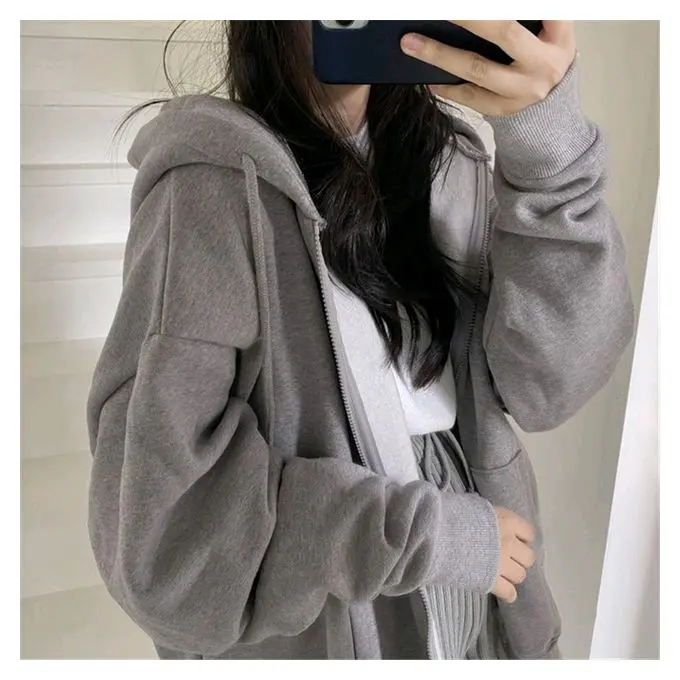 JAKET Hoodie Zipper pria wanita polos Lembut Panjang Sweater Keren Hitam 6