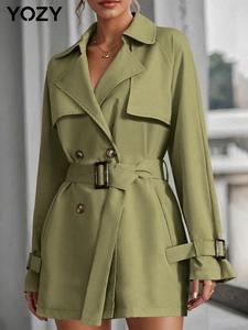 YOZY Women's Solid Double Button Belted Trench Coat, Casual Lapel Collar Long Sleeve Pocket Coat for Daily Outdoor Wear, Ladies Clothes for All Seasons
