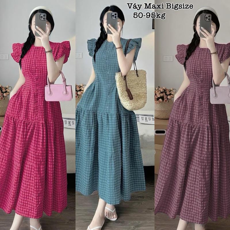 Thời Trang Én Nhỏ Bigsize - Váy Maxi Kẻ Caro Xòe Eo Chun Vải Thô Đũi Cao Cấp Có Bigsize Giá Rẻ Dễ Thương Thanh Lịch Đi Biển Hot Hit Đủ Size 50-95kg Nhung Nữ Dress Nho Tay Phồng Bo Chun Hồng - 2266