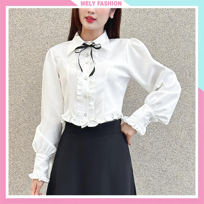 Áo sơ mi kiểu croptop nữ dài tay bồng tiểu thư cổ bèo vạt nhọn cúc ngọc cài hoa đá sang chảnh 2 màu trắng kem Women ASM32
