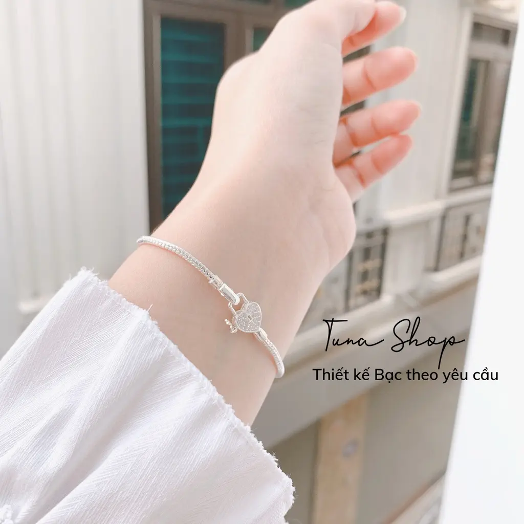 Lắc tay Bạc nữ hình khóa trái tim độc đáo, bạc thiết kế đính đá cao cấp TUNA SILVER