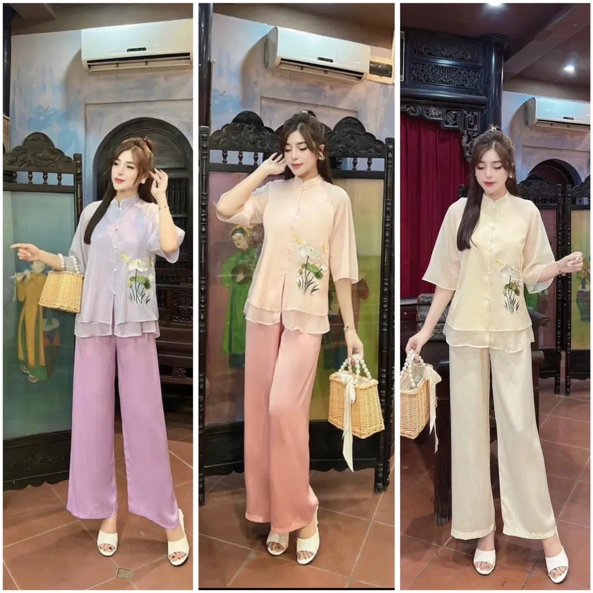 Pháp phục đi chùa Mẫn Nhi voan tơ cao cấp