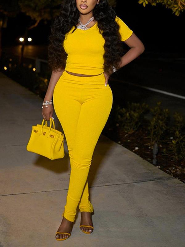 Women's Solid Ribbed Two Piece Set, Casual Fashion Cozy Crop Top & High Waist Pants for Daily Outdoor Wear, Ladies Clothes for Summer 1