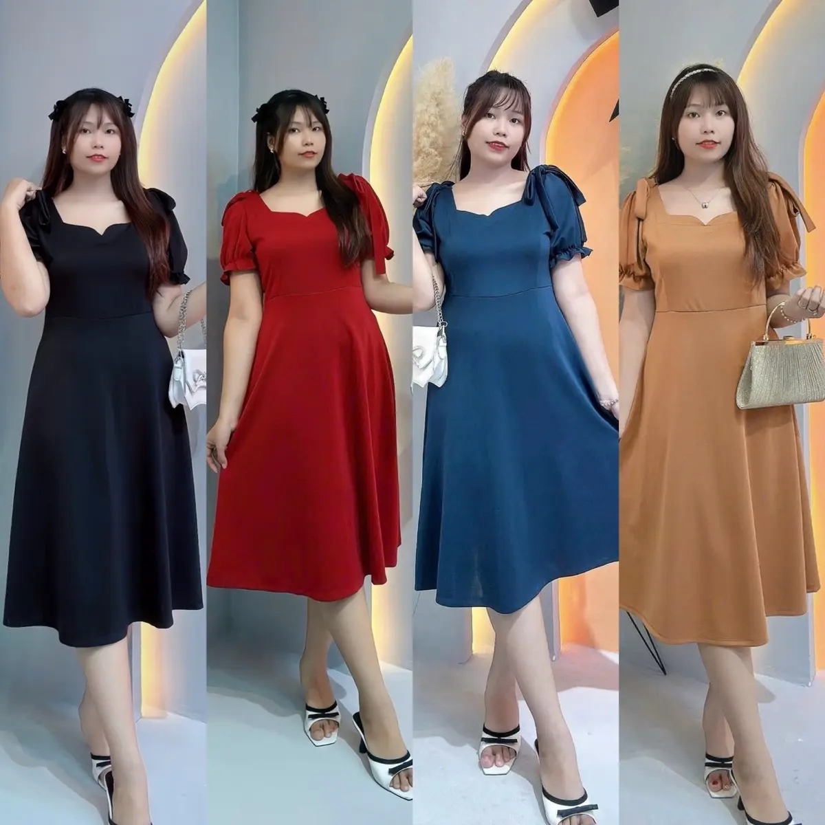 Bigsize 50kg đến 95kg-Đầm Midi đính nơ trên vai tay phồng ,chất thun poly phối lụa Nữ Women Kim Tuyến Sen Dress Voi Voan