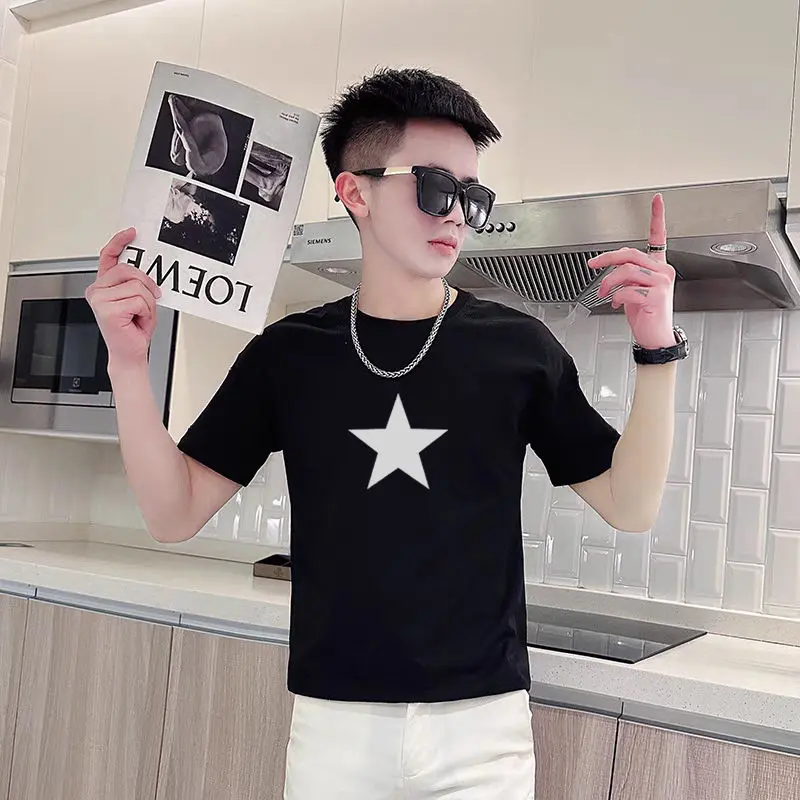 Áo Thun Ngắn Tay, Phong Cách Hàn Quốc, Dáng Ôm, In Hình, Tay Lửng, Dành Cho Nam Giới, Người Nổi Tiếng Trên Mạng Web Chàng Trai Thông Minh, Áo Lớp Cơ Sở Cổ Tròn, Mùa Hè 2024 Menswear Nhung 1