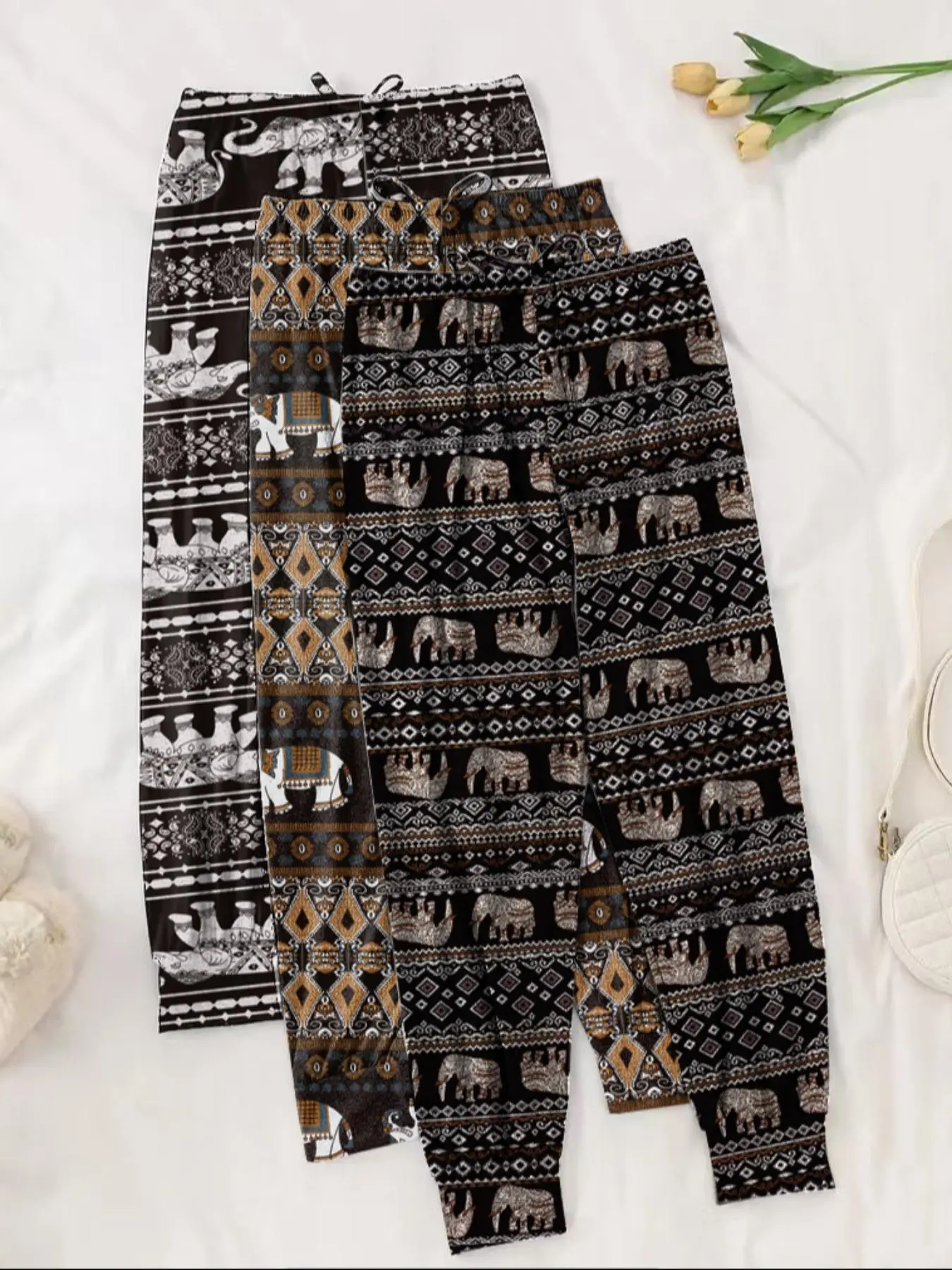 Women's Elephant & Geometric Print Pajama Pants, Casual Comfy Elastic Waist Sleep Trousers, Ladies Sleepwear for All Seasons
