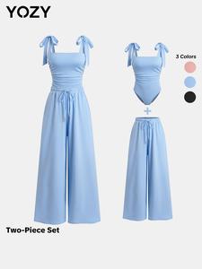 YOZY Knot Shoulder Ruched Bodysuit & Drawstring Waist Wide Leg Pants Set/ Sleeveless Cami Top & Elastic Waist Trousers Set, 2024 Women's Summer & Fall Outfits For Beach Holiday Wear