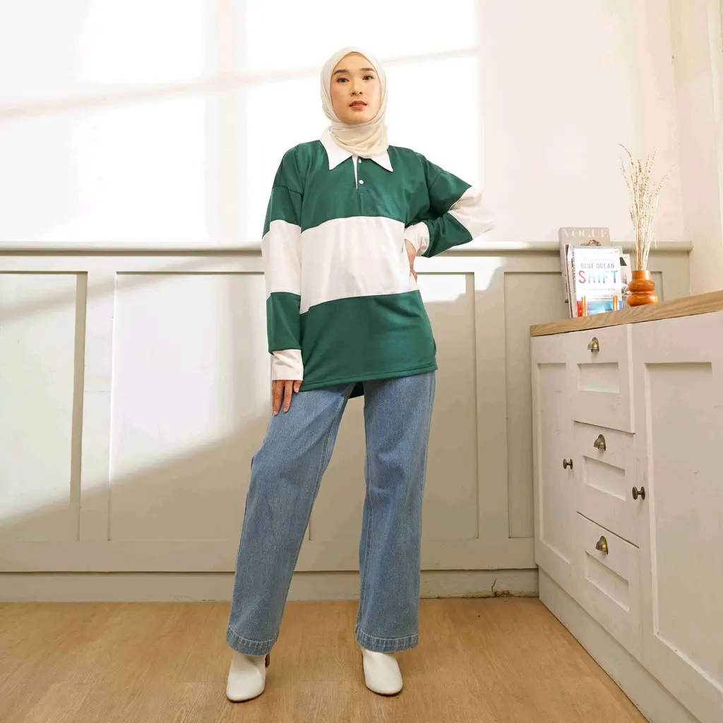 Kaos Vintage Rugby Lengan Panjang Polos Santai Pria wanita