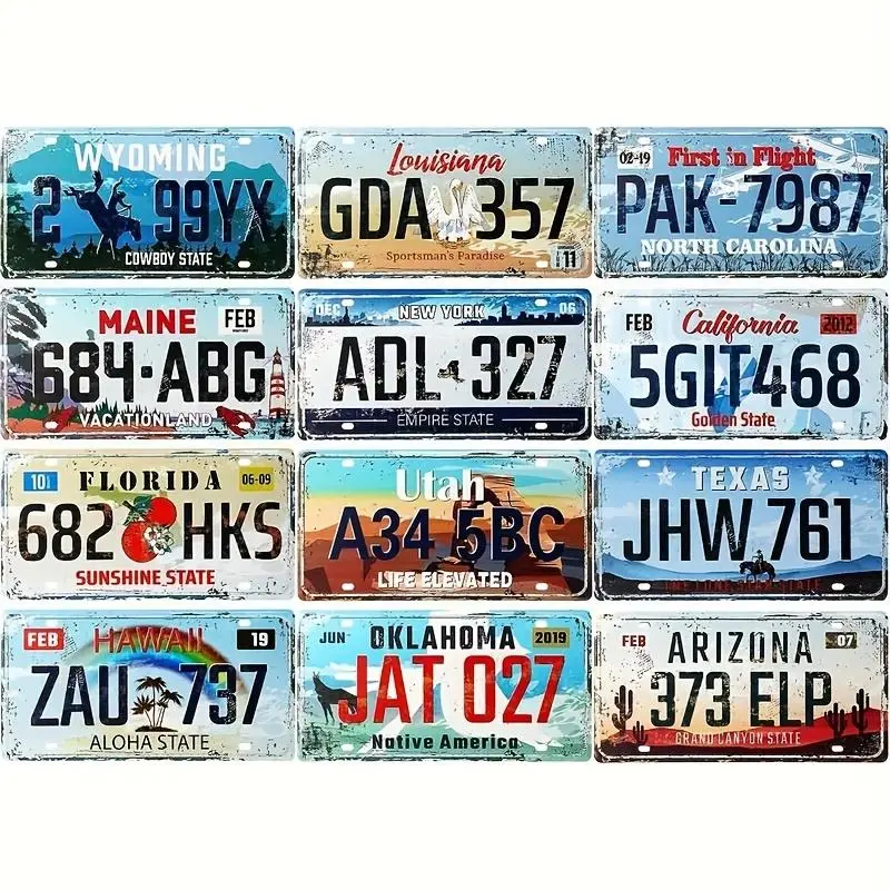 Vintage State License Plates, 12pcs/set Metal Tin Signs, Decoration for Man Cave Garage Bar Home Wall Decor Automotive Signs