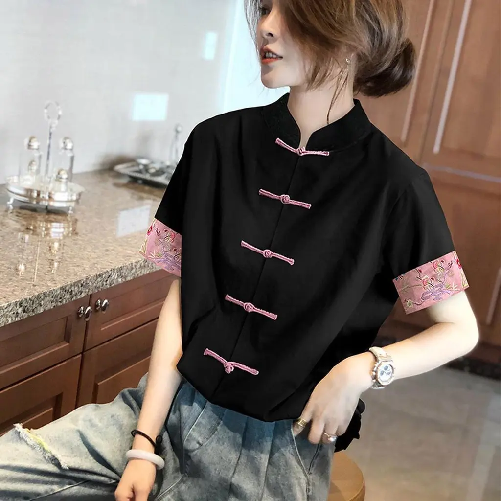 New Chinese Women Cheongsam Blouse Short sleeve Shirt Fine Plate Button Embroidery Literary Chic for Women Tops Polo Blouse Cotton Light Lingerie Casual Floral Womenswear
