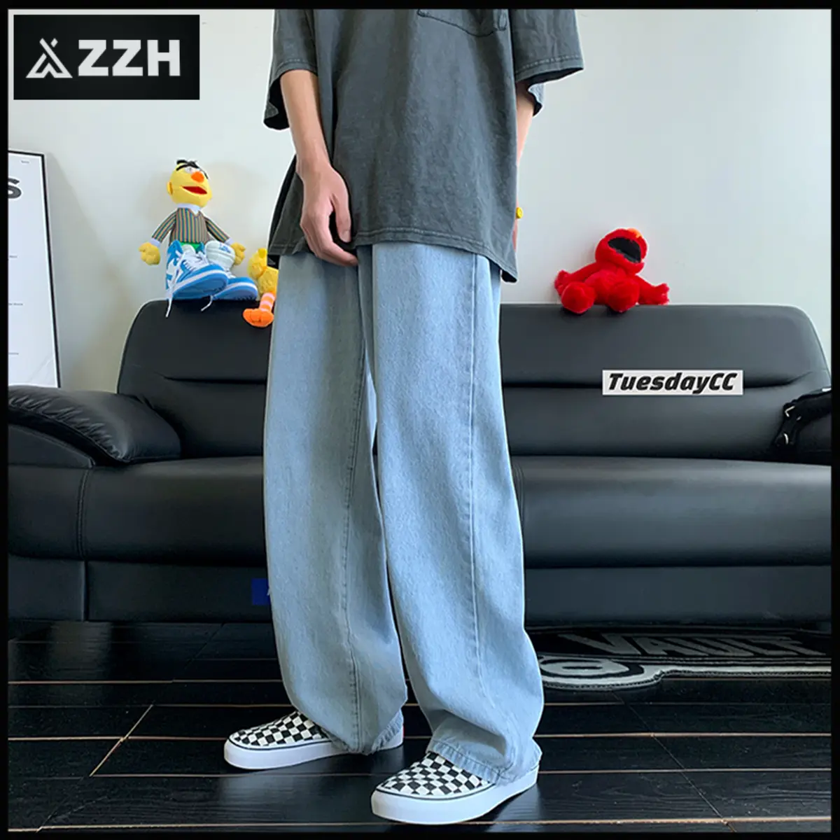 celana jeans pria biru celana kulot pria straight pants celana jeans longgar jeans oversize pria celana panjang denim baggy Loose Casual