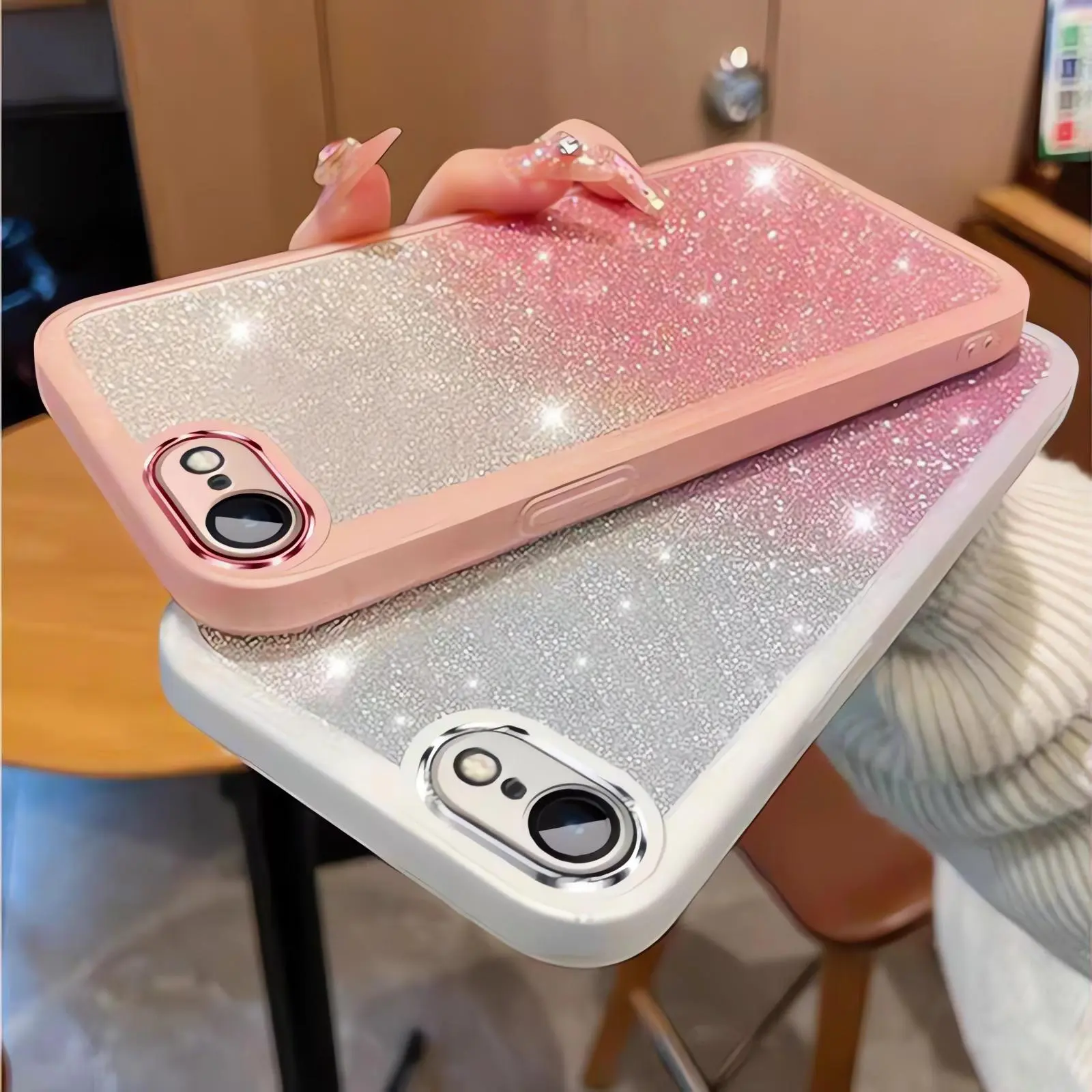 VỏỐp Điện Thoại cho iPhone , 8, 7 Plus, 6S Plus, 6, 6S, lá mềm, lấp lánh, sáng bóng, bảo vệ ống kính bao gồm tất cả, nắp lưng chống sốc