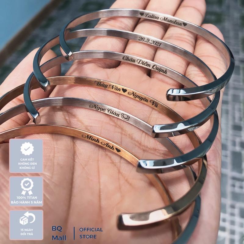 Khắc tên Vòng tay cuff cặp đôi nam nữ lắc tay Vòng Cuff bằng thép titan không gỉ thiết kế đơn giản thanh lịch