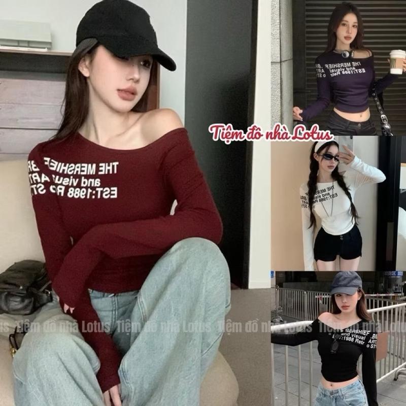 Áo thun ôm body lệch vai phối chữ mới phông cách trẻ trung cho nữ (Tiệm đồ nhà Lotus)