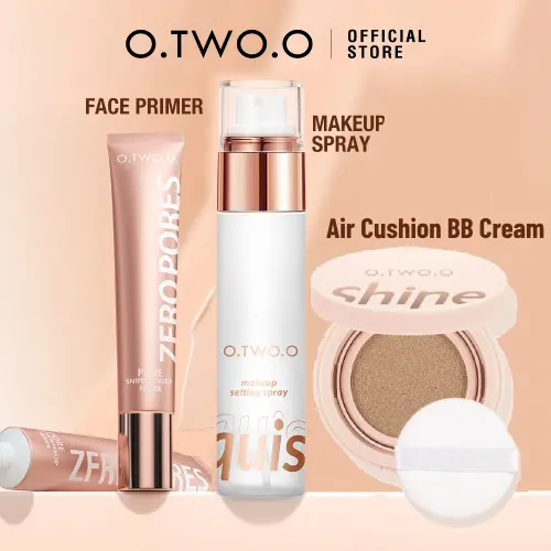 O.Two.O Face Makeup Set 3pcs Primer Liquid Foundation+ Air Cushion BB Cream+Makeup Setting Spray Matte Long Lasting Natural Smooth Skin Cosmetics