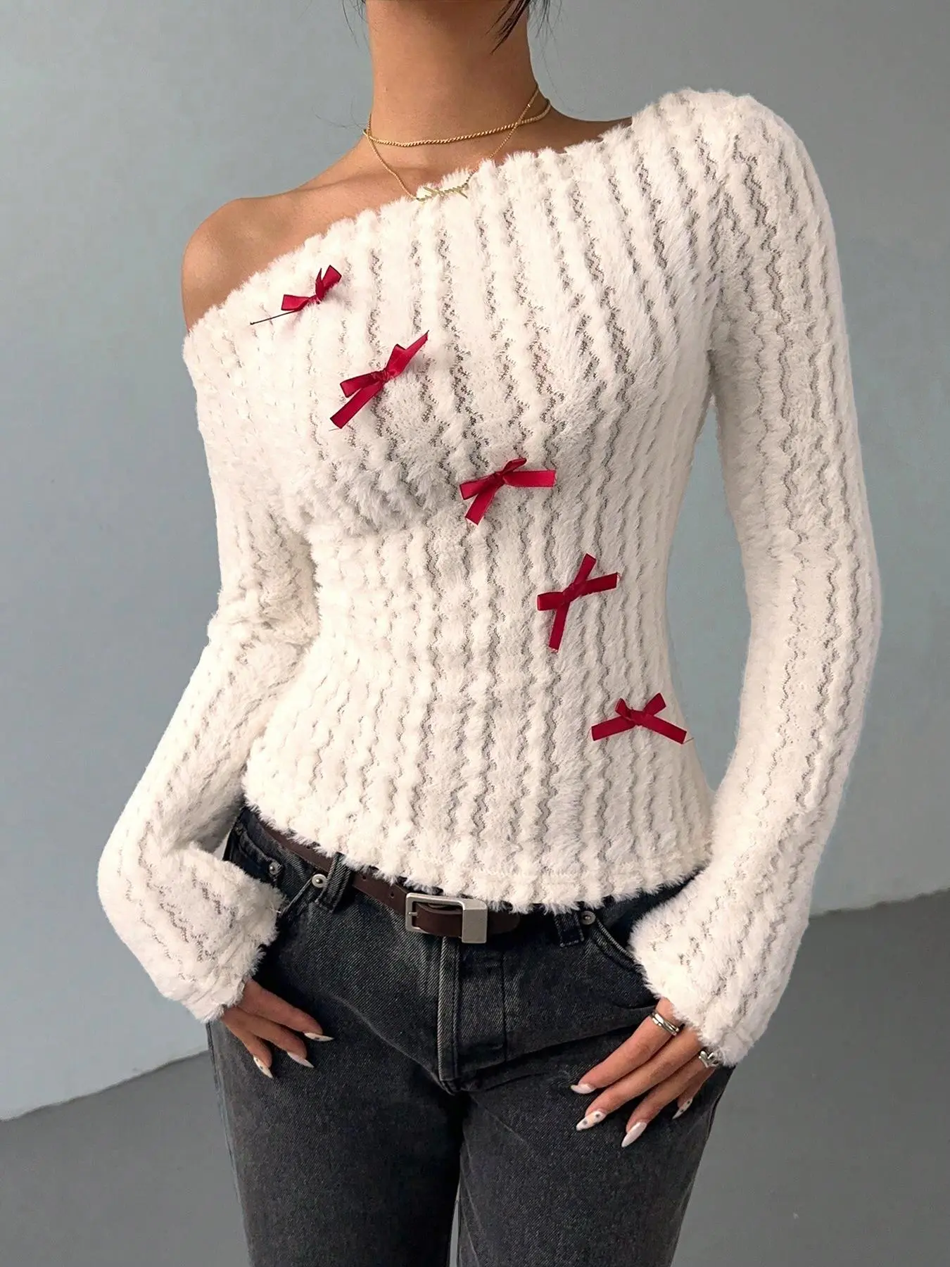 Women's Bow Decor Asymmetrical Neck Tee, Cute Classy Casual Long Sleeve Top for Fall & Winter, Women's Clothing for Daily Wear