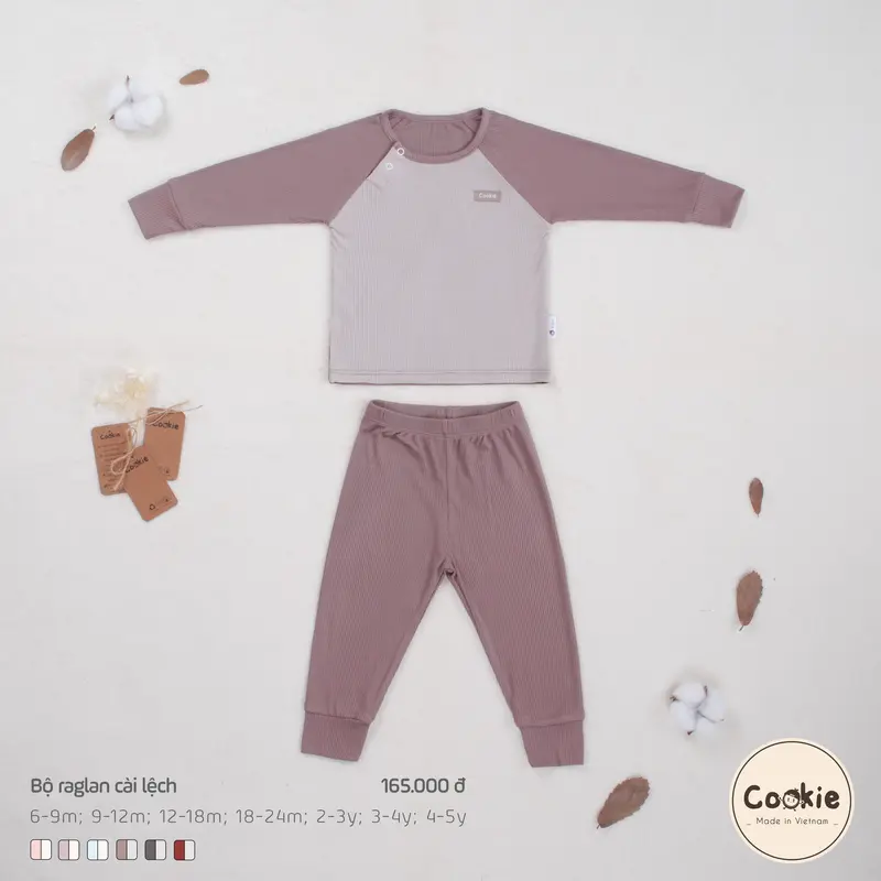 Bộ Quần Áo Dài Tay Cookie Raglan Cài Lệch Cho Bé Size 6-9M Đến 4-5Y, Chất Liệu Cotton Tăm Lạnh 7