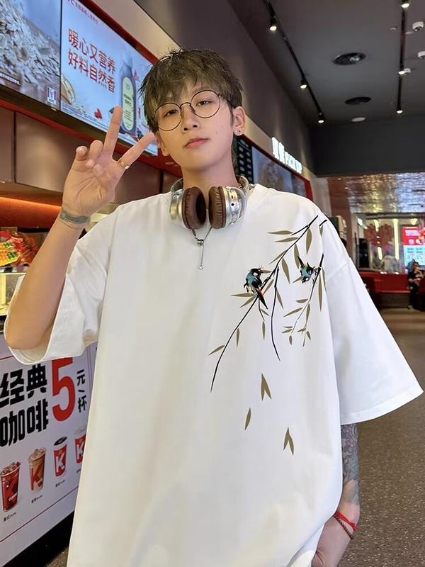 Product Introduction of Popular fashion bamboo print loose T-shirt cotton print short sleeve plus size tee for men 15
