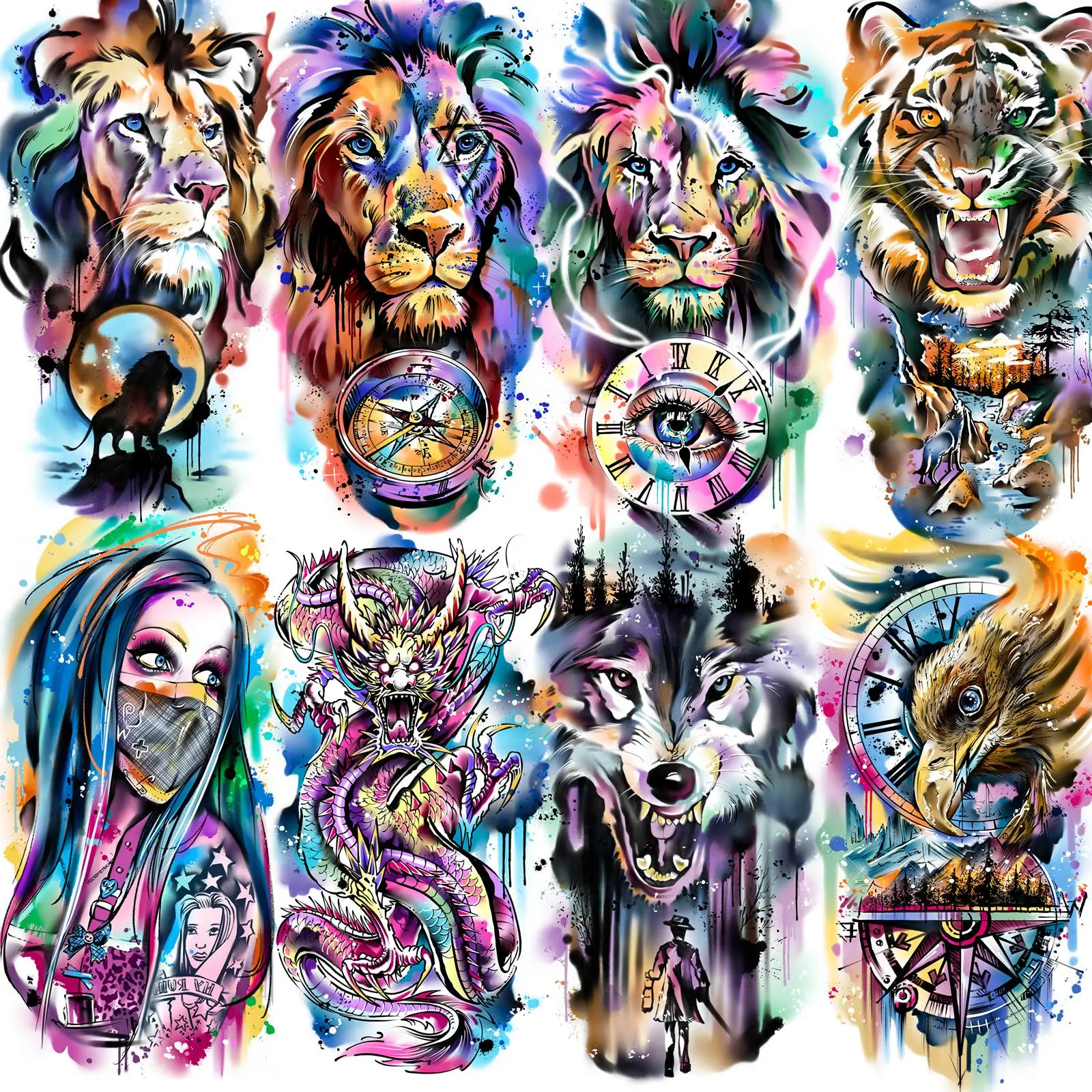 Animals & Figures Pattern Temporary Tattoo Sticker, 8pcs/set Watercolor Fake Tattoo Decals, DIY Body Art Decorations for Arm Finger Wrist