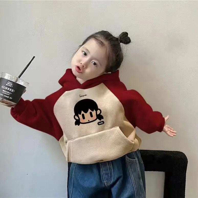 Áo Hoodie Trẻ Em, Phong Cách Thường Ngày Hợp Xu hướng Dành Cho Bé Gái, Áo Len Mùa Thu Và Mùa Đông, Thiết Kế Khối Màu, In Thẻ, Áo Có Mũ Trùm Đầu,