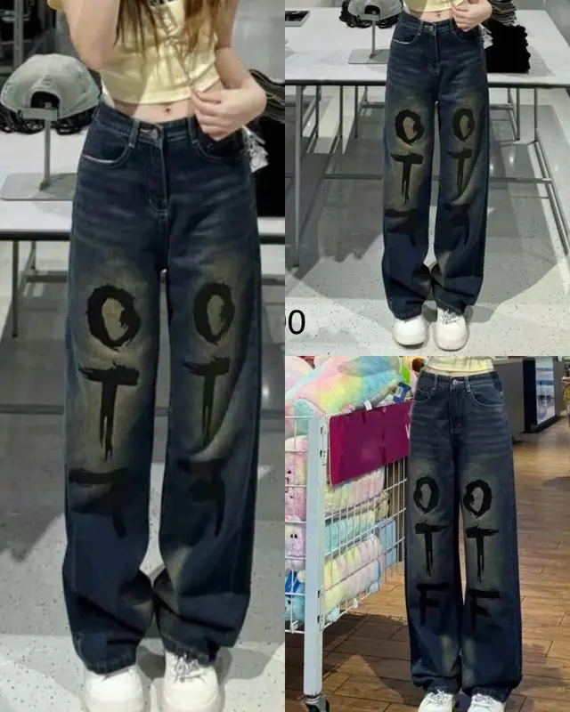 QUẦN JEANS NỮ XANH CẠP CAO KHÔNG GIÃN WASH LOANG MÀU BỤI VÀNG IN CHỮ SƠN ĐEN THỜI TRANG CÁ TÍNH Women Pants Có Túi Navy 0