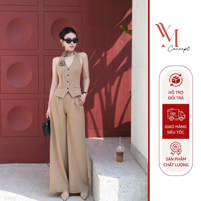 Sét Áo Ghile Kèm Dây Hoa + Quần Suông Ống Rộng YM Concept Chất Kaki Ruby Trắng Đen Nâu Xám S/M/L/XL - Women, Dress Kem Top Màu Trắng