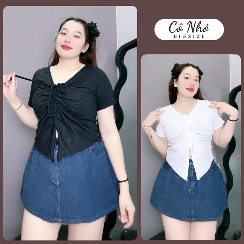 Áo Kiểu Bigsize Nữ Tay Ngắn Dáng Croptop Xẻ Tà Trước Có Dây Tun Tôn Vòng 1 Vải Gân Tăm G42 Thun Women Voi