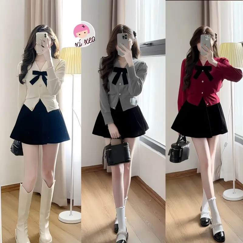 Set Áo Len Tăm Viền Khuy Vàng Kèm Chân Váy Nhung Đen Xixeoshop, Set Áo Chân Váy, Set Bộ Nữ Thu Đông Top - S105 Kem Women Jacket