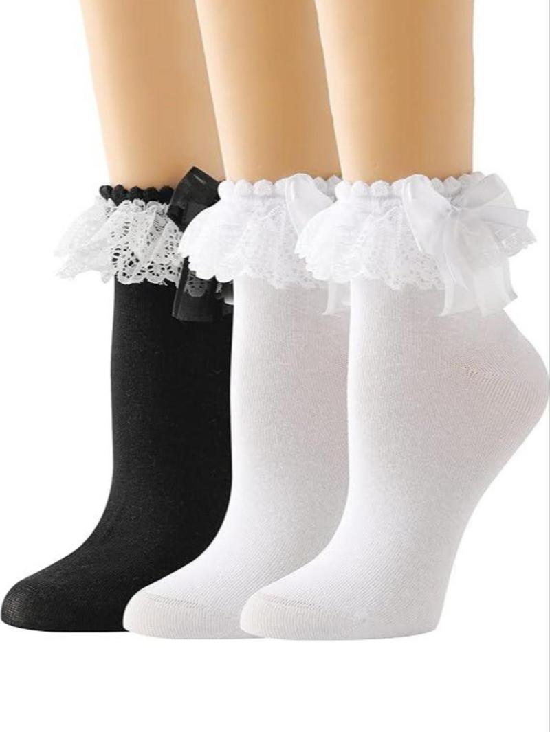 Product Introduction of Women's Bow Decor Contrast Lace Crew Socks, Lolita Style Plain Socks, Ladies Socks for All Seasons 0