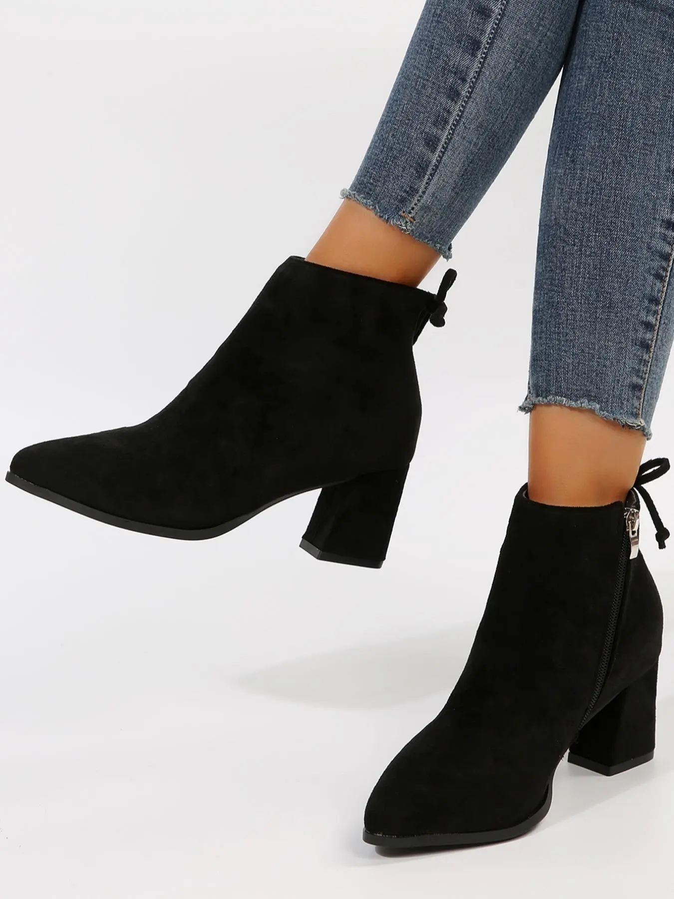 Women's 2023 New Trend Elegant Chunky Heel Tie Ankle Zipper Boots, 1 Pair Fashion All-match Solid Color Ankle Pointed Toe Boots, Thick Heel Short Boots with Fleece for Daily Wear