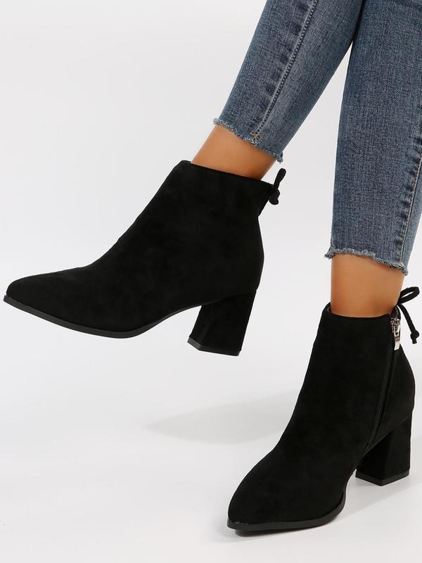 Women's 2023 New Trend Elegant Chunky Heel Tie Ankle Zipper Boots, 1 Pair Fashion All-match Solid Color Ankle Pointed Toe Boots, Thick Heel Short Boots with Fleece for Daily Wear 0