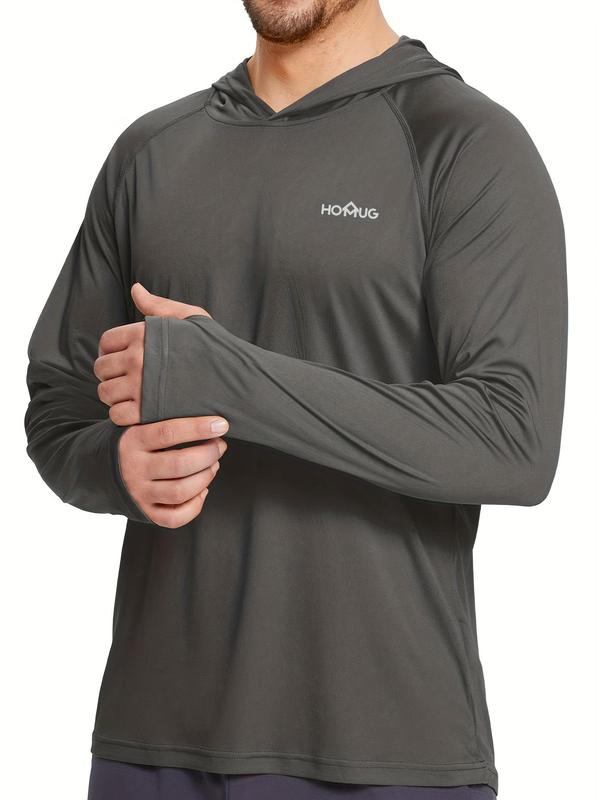Men's Loose Letter Print Long Sleeve Hooded Rashguard, Quick Dry Lightweight Sun Protection Thumb Holes Top for Outdoor Activities, Men's Sport & Outdoor Clothing for Fall & Winter, Gym Tops 7
