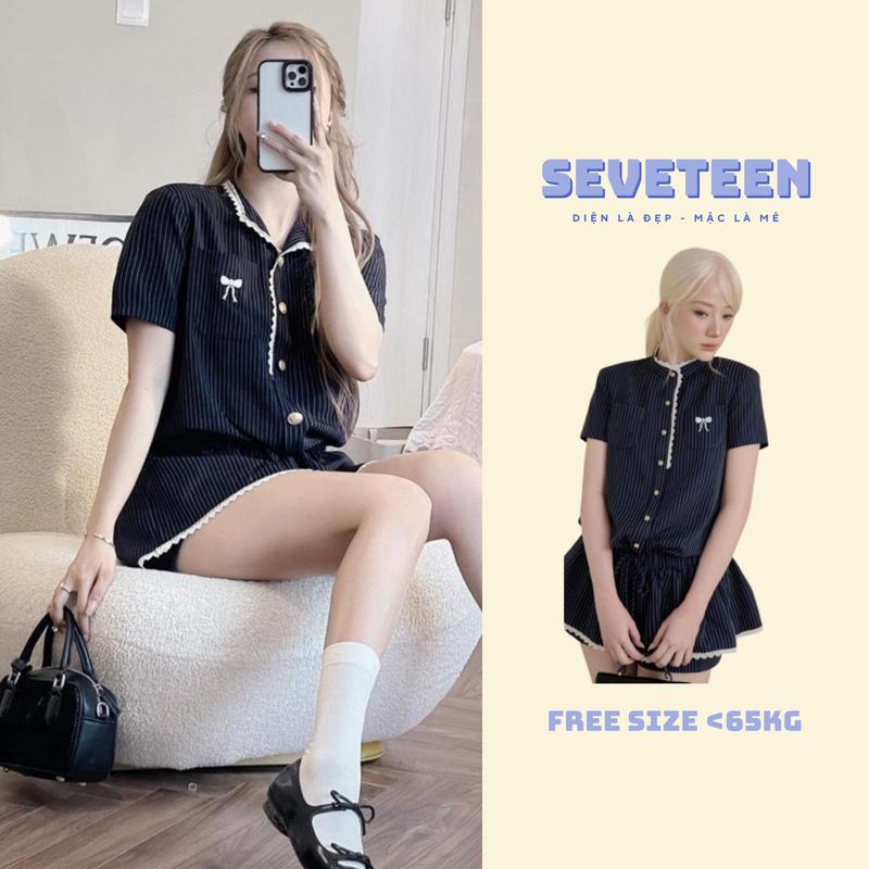 Set Bộ Đồ Nữ Jum Kẻ Thêu Nơ Quần Rời Túi Ngực Viền Ren Có Đệm Cầu Vai Kèm Quần Váy Bigsize- SevenTeen