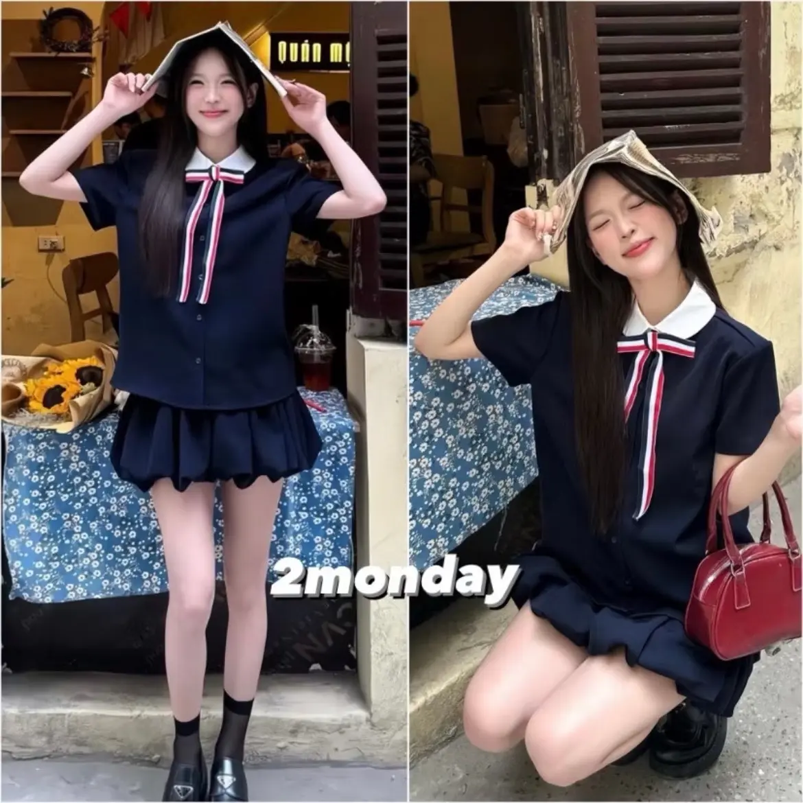 Sét ￼[Hàng xịn loại 1] Set bộ xanh than áo sơ mi cổ sen kèm nơ Thome mix chân váy bí phồng tiểu thư sang chảnh M01