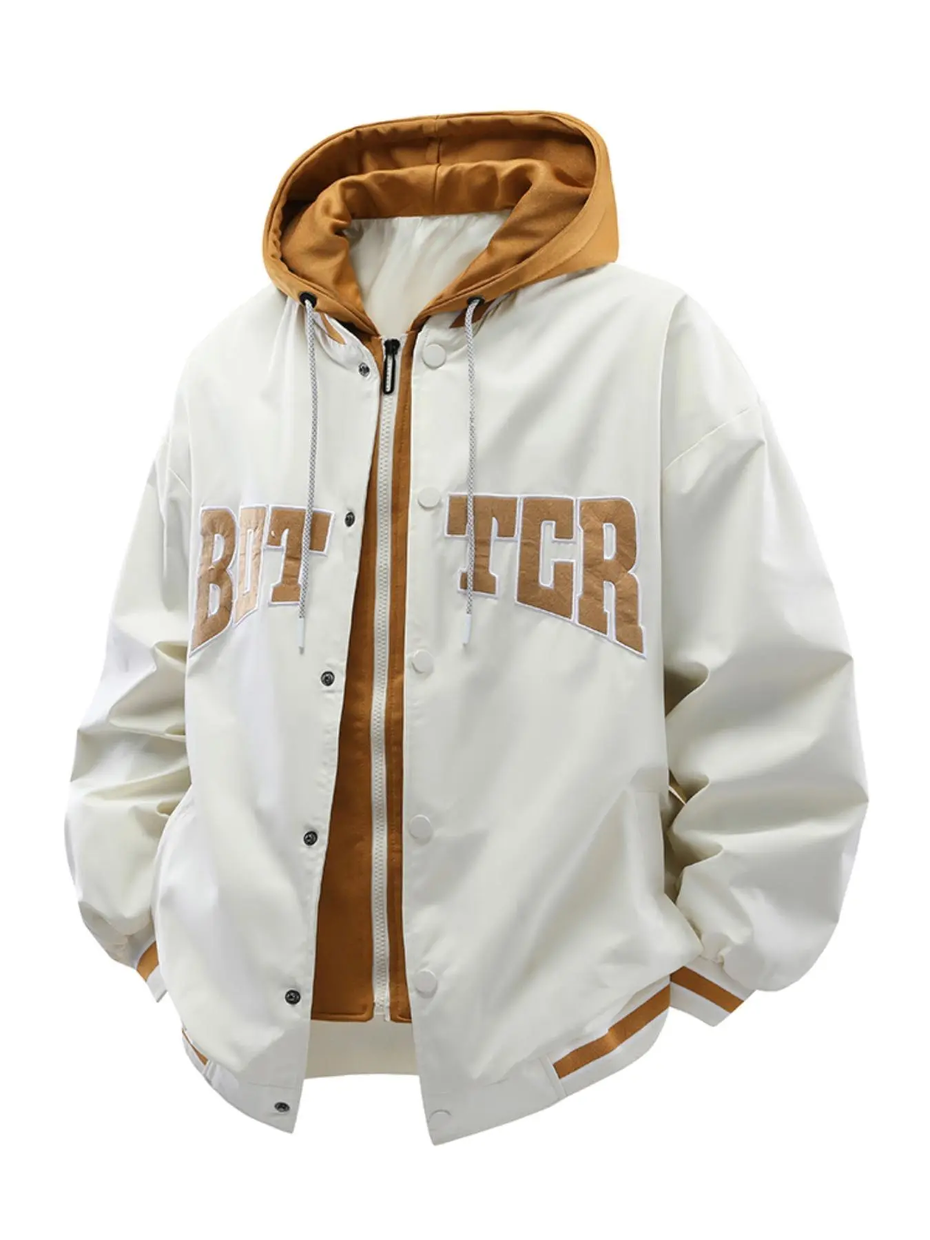 Men's Colorblock Letter Print 2 in 1 Baseball  Jacket, Loose Casual Street Hooded Jacket for Spring & Fall, Men's Clothes for Daily Wear