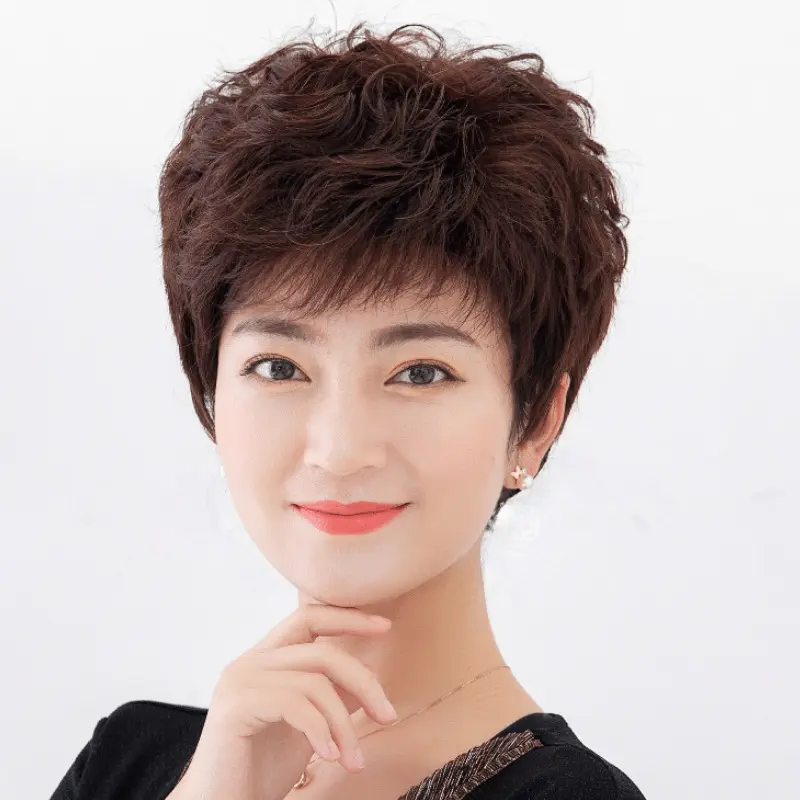 Full Headgear For Middle-aged And Elderly Mothers With Human Hair, Full Headgear For Ladies With Fluffy Short Curly Hair, Xuchang Wig Set Wholesale