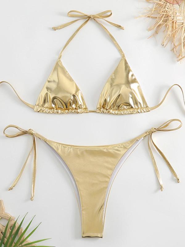 Two-Piece Set Women's Tie Back Halter Bikini Swimsuit, Glitter Fabric Triangle Bra & Tie Side Panty Swimwear for Beach Party Vacation, Women's Swimsuit Sets for Summer, Bathing Suits Bikini Set 2024 for Women 0