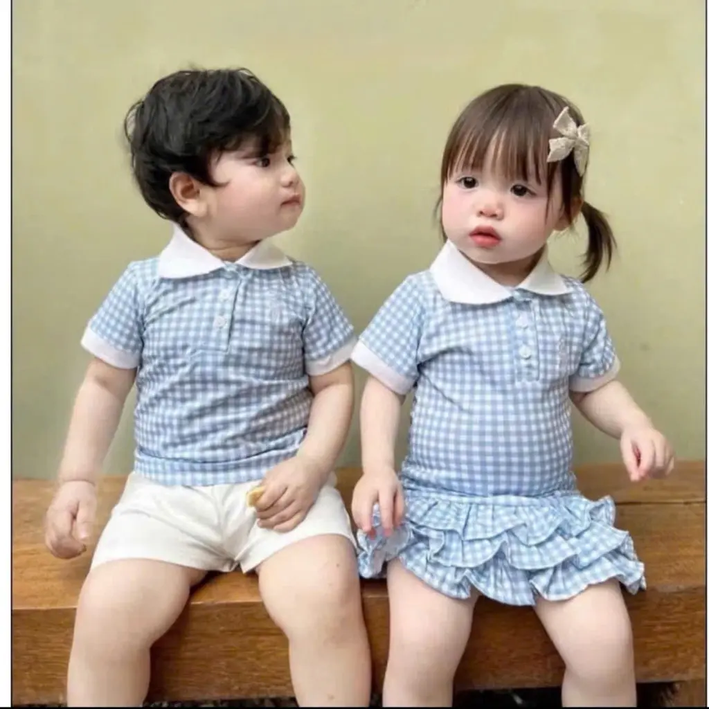 Set cặp váy/bộ kẻ ô xanh cho bé
