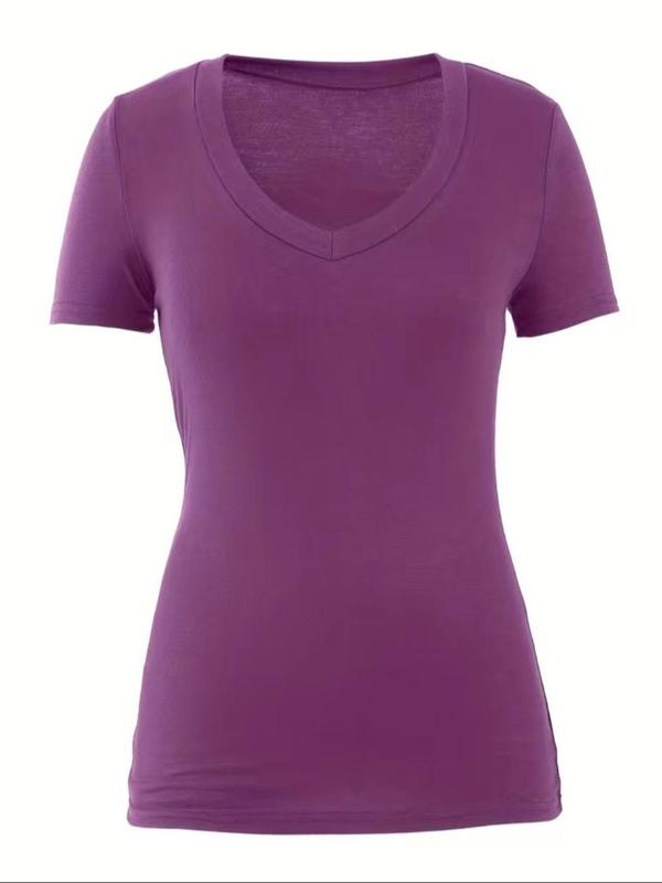 【Plus Size】 Solid V Neck Tee, Casual Short Sleeve T-shirt for Daily Wear, Women Clothing for All Seasons 8