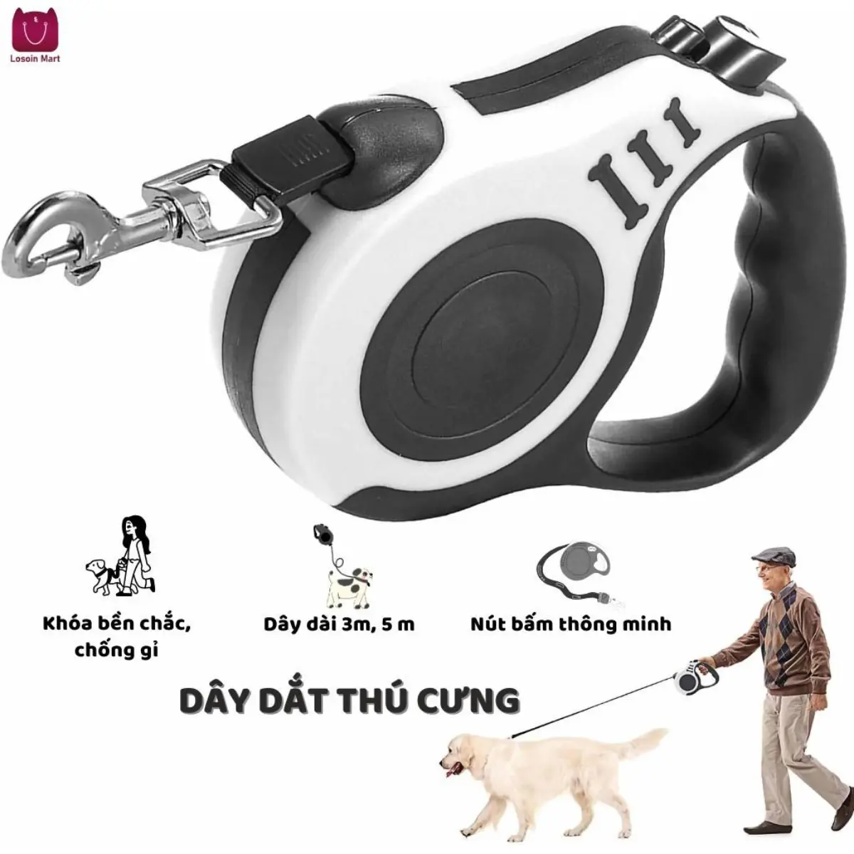 Dây dắt chó nhỏ an toàn, có thể điều chỉnh, chống rối, tự động thu gọn, thích hợp cho việc dắt chó đi dạo ngoài trời.