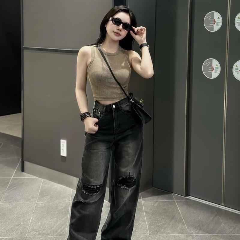 Kang (S-2Xl) Quần Jeans Suông Rách Màu Đen Wash 2 bênWomen Pants 2