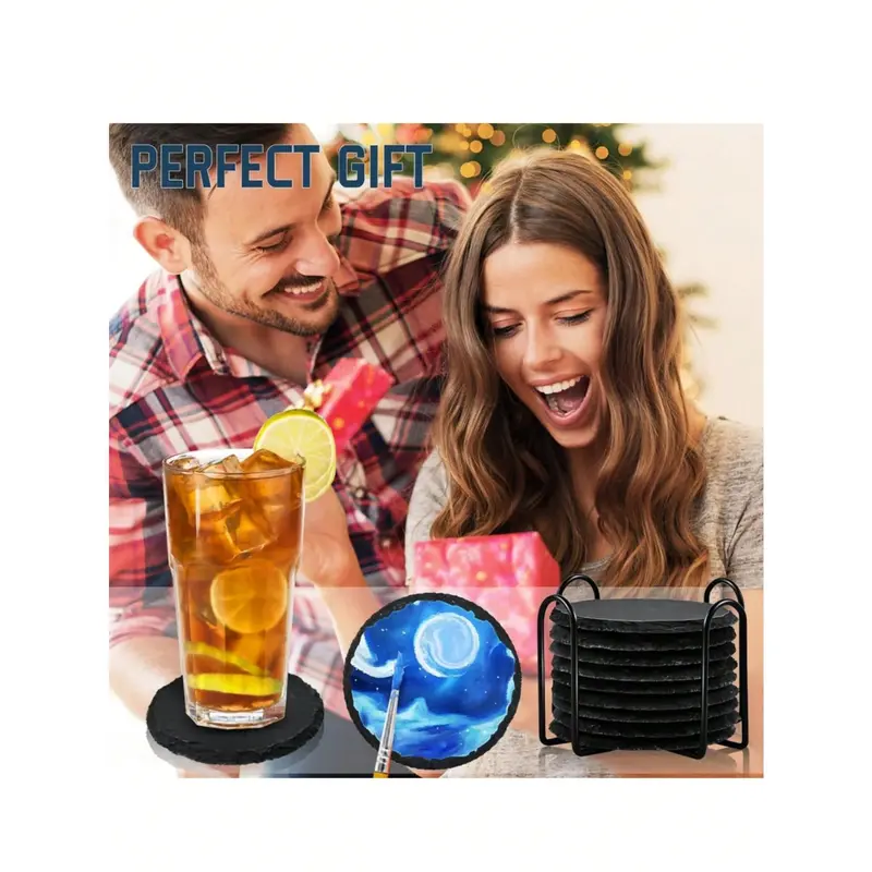 #KUP Slate Beverage Coasters, Black Slate Rock Coasters, Creative Insulation Pads, Blanks With Anti-Scratch Bottom, Suitable For Beverage Halls, Cafes, Kitchens, Home, Office, Restaurants, Apartment Bar And Other Places (Round) 4